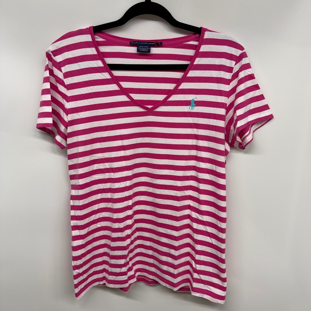 Ralph Lauren Sport Pink Stripe Embroidered Pony T Shirt Large Y2K Old Money Pima
